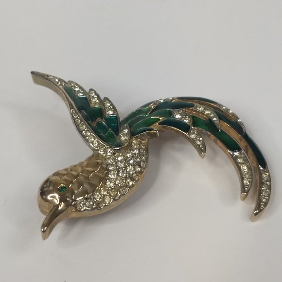 Bird Parrot Pin Brooch Green White Costume Jewelry Vintage Gold Tone Rhinestone - Picture 3 of 14